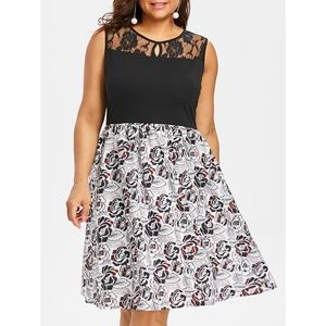 Plus Size Lace Insert Floral Print A Line Dress